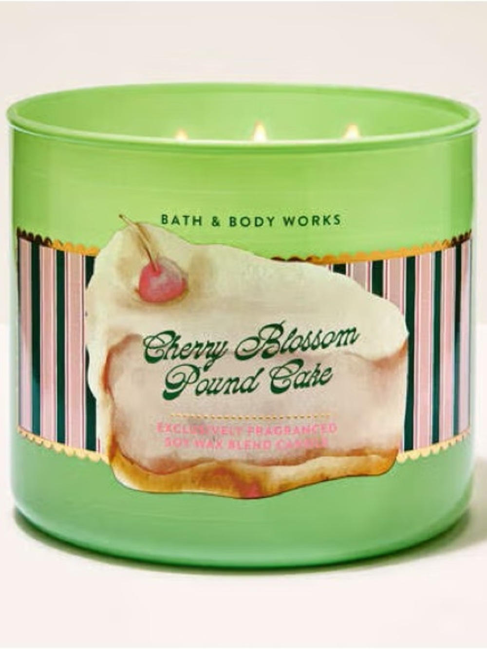 NWT Bath & Body Works Cherry Blossom Pound Cake 3-Wick Candle - Lime Green